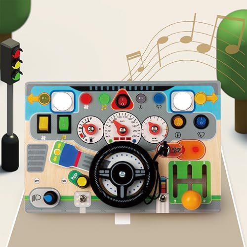 Wooden Montessori Busy Board for Toddlers 4-8 - Wooden Dashboard Steering Wheel Toy， Fine Motor Skill Development Toy for Kids 3-6， Educational Pretend Driving Busy Board for Boys & Girls