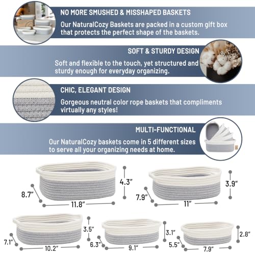 NaturalCozy 5-Piece Rectangle Storage Basket Set- Natural Cotton Rope Woven Baskets for Organizing! Small Basket for Montessori, Baby Nursery, Dog Toy Baskets, Cat Toy Box, Bathroom Organization Bin - color: Off White & Gray