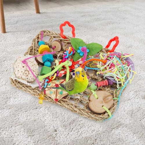 Hypeety Bird Toys Parrot Foraging Toys Bird Chew Toys Parakeet Shredding Seagrass Climbing Mat with Various Toys for Conure, Cockatiel, Lovebird, Parakeet, Budgie (M(Solla Ball)) - color: M(Solla Ball)
