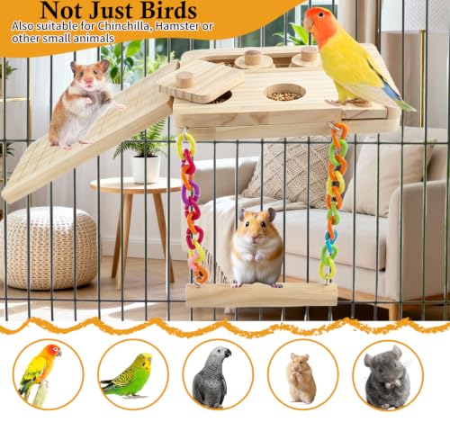 FlidRunest Wooden Bird Foraging Puzzle Platform Swing with Climbing Ladder for Parrots, Parakeet, Cockatiel, Sun Conures - Birds Interactive Mental Enrichment Toy, Bird Seed Slow Feeder Toy for Cage