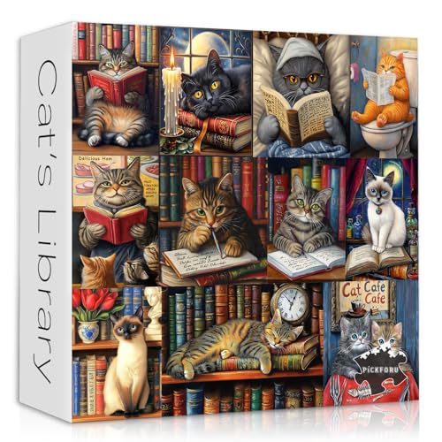 Vintage Cat Puzzles for Adults 1000 Pieces，PICKFORU Retro Cat Library Themed, Book Kitten Bookshelf Jigsaw Puzzles Collage Challenge - style: Retro