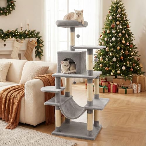 Tangkula 58 Inch Cat Tree Tower, Multi-Level Cat Tower with Sisal Scratching Posts, Padded Top Perch, Condo & Hammock, 3 Hanging Balls, Jumping Platforms for Indoor Cats (Light Gray) - color: Light Gray