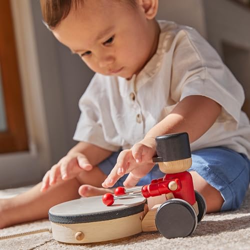 PlanToys® Wooden Pull Along Drummer Musical Toy for Kids Toddler Active Set - color: Pull Along Drummer