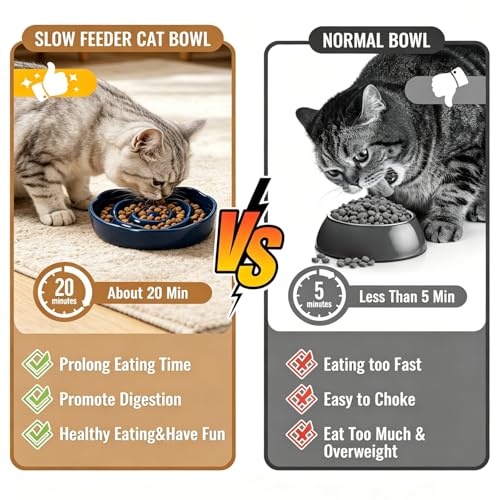Slow Feeder Cat Bowl Set of 2, Ceramic Slow Feeding Cats Bowl Whisker Friendly, Anti Vomiting Cat Feeder for Dry and Wet Food，Fun Maze Interactive Bloat Stop Puzzle Bowls for Healthy Eating Diet - color: Navy blue