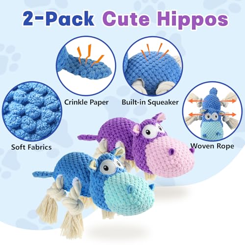 TOOPTATE 2-Pack Squeaky Hippo Dog Toys, Blue & Purple, Medium - color: Blue + Purple, size: Medium