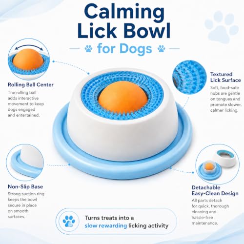 Dog Lick Bowl with Rolling Ball,Lick Bowl for Dogs for Wet Food,Yogurt,Bone Broth&Peanut Butter.Non-Slip Rolling Ball Dog Lick Bowl,Slow Feeder Dog Bowl Enrichment Toy for Dogs&Cats(Blue)