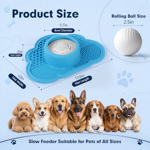 Anti-Slip Slow Feeder Dog Bowl and Lick Mat with Rolling Ball - color: Blue