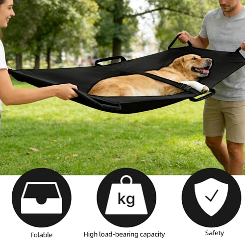 Dog Stretcher for Large Dogs up to 250lbs, 43.3" x 27.2" Portable Foldable Pet Transport Stretcher with Safety Strap, Emergency Animal Carrier for Vet, Injured or Disabled Pets (Black)