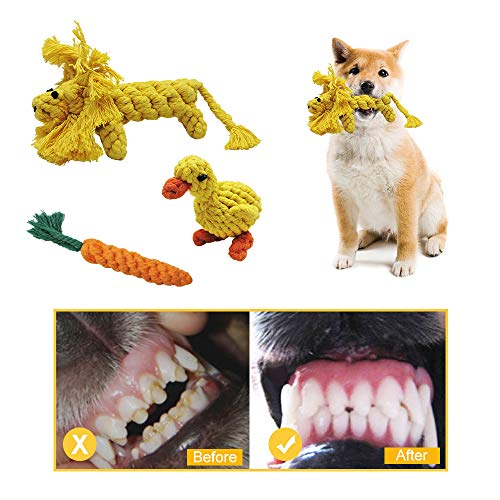 Andiker 3PCS Cotton Rope Puppy Teething & Training Durable Dog Plush Toys - Lion, Carrot & Duck Interactive Biting Rope Dog Chew Toys