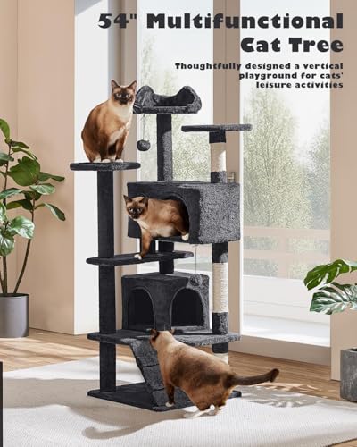 Yaheetech 54in Cat Tree Tower, 2 Caves, Kitten-Ear Perch & Scratching Posts - color: Black, size: 54in