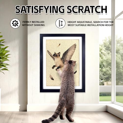 Wall Art Cat Scratcher Mat - Sisal Vertical Cat Scratch Pad with Photo Frame Design, No-Drill Wall-Mounted, 16"x12" Wall & Couch Cat Scratching Mat, 1 Extra Mat Included Free (Winged Cat) - color: Winged Cat