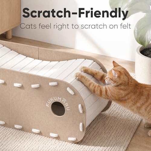 FUKUMARU Cat Bed Cave Tunnel, 31.5 Inch, Cat House Condo Indoor, Beige