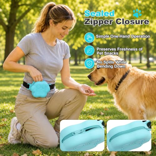 Dog Treat Pouch with Training Clicker and 2 Poop Bags, 1.8 Cup Small Sealable Zipper Silicone Fanny Pack with Waist Belt, Pet Puppy Training & Walking Essentials (Blue) - color: Blue