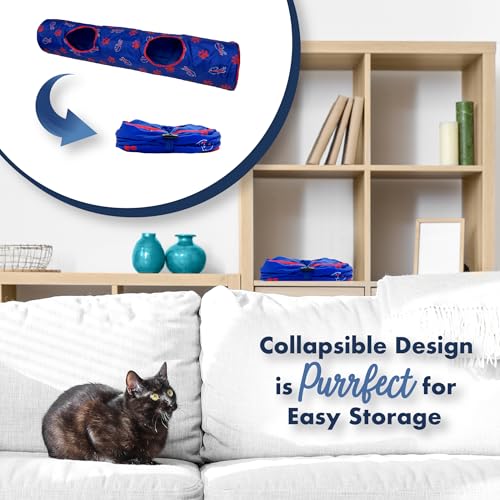NFL Buffalo Bills Cat Tunnel Tube Toy with Plush Football Catnip and Feathers Collapsible Tunnel for Cats to Play, Peek and Hide, Sporty & Fun Cat Tunnel Toy with Team Logo All-Over Design! - color: Buffalo Bills