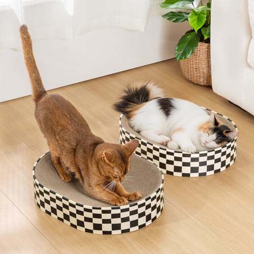 Conlun Oval Cat Scratcher Bed Bowl Lounge for Kittens | Medium | 2 Pack - color: Checkerboard, size: 2 Pack-Medium(16.9"L x 12.9"W x 3.5"Th)