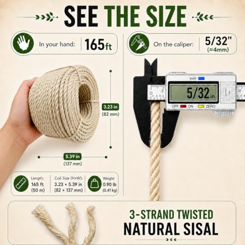 Sisal Rope for Cat Tree 5/32 Inch x 165 ft Scratcher Twine - size: 5/32" × 165FT