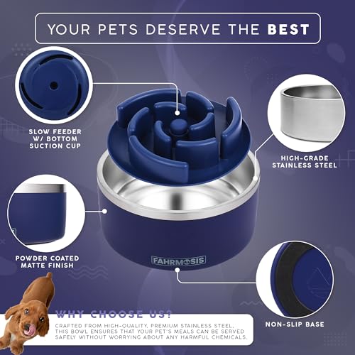 FAHRMOSIS 32 Oz Dog Bowl with Slow Feeder Insert Stainless Steel Pet Water Bowl for Medium & Large Breed Non Slip Rubber Base & Plastic Puzzle Feeder - Navy Blue - color: Navy Blue, size: 32 OZ
