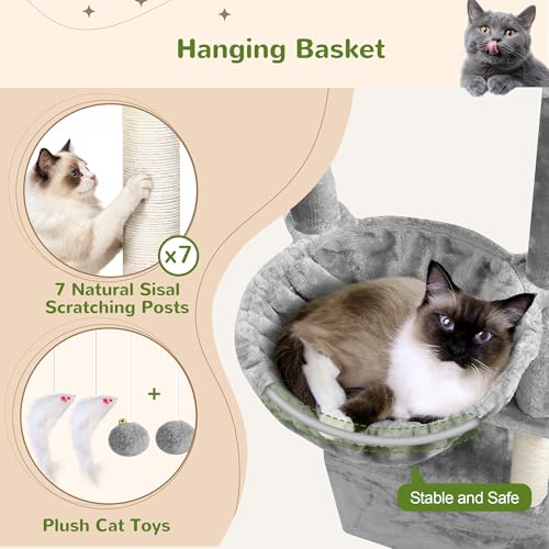 Globlazer 83 Inch Cat Tree Tower for Large Cats, Big Cat Tree for Multi-Cat Household with 2 Condos, 7 Sisal Posts, 2 Perches and Hammock, Sturdy Tall Kitten Activity Center, S83, Light Gray - color: Light Gray, size: 83 Inch