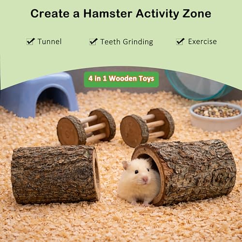 4 PCS Natural Apple Wood Hamster Tunnel and Roller Toy Set Small Animal Hideout and Chew Toys for Dwarf Hamsters Mice Gerbils Rats Sugar Gliders Cage Enrichment Accessories (Style-B) - color: B
