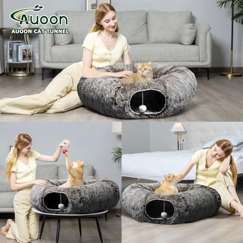 AUOON Plush Cat Tunnel Bed for Indoor Cats, 36" L x 36" W x 11.5" H, Brown - color: Brown
