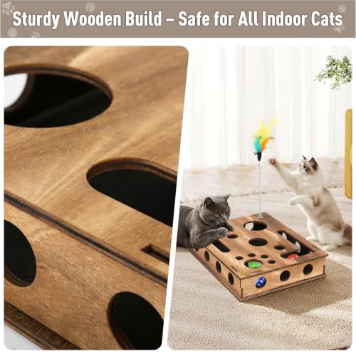 Zayeemi Cat Scratching Educational Box Wooden Interactive Toy Spring Feather Teasing Cat Wand Bell Ball for Indoor Cat Fun