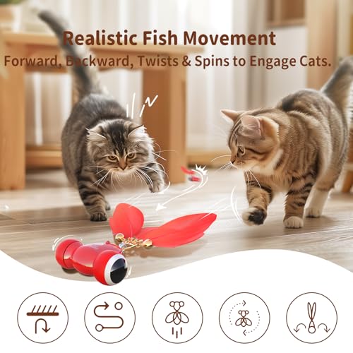KiTiFISH 【2025 Upgrade】 Interactive Cat Toy, Automatic Cat Toy with Motion Activation, USB Rechargeable, Fast Rolling on Thin Carpet, Fun Exercise Toy for Indoor Cats, Durable Feather Tail and Bell - color: Rose red