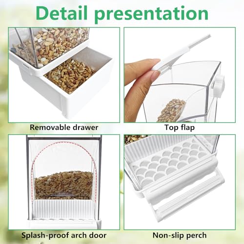 Hamiledyi 2Pcs Automatic Birds Feeder No Mess Bird Cage Feeder Transparent Acrylic Parrot Seed Food Container with Perch Bird Cage Accessories for Parakeet Finch Lovebirds Budgies Canary (White) - color: White Transparent - 2