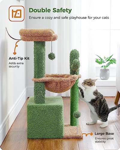 PEQULTI 4-in-1 Cactus Cat Tree for Kittens & Small Cats, 33in Green Tower - color: Green, size: L(15.8"L x 15.8"W x 33"H)
