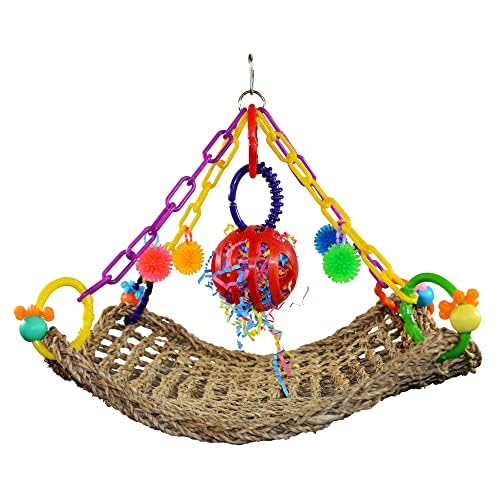 Super Bird Creations SB748 Flying Trapeze Bird Toy for Conures, Quakers, Cockatiels, Parrots, Senegals, Multi-Colored Chain, Seagrass Mat, Enrichment Toy - Medium Bird Size, 14" x 13" x 12"
