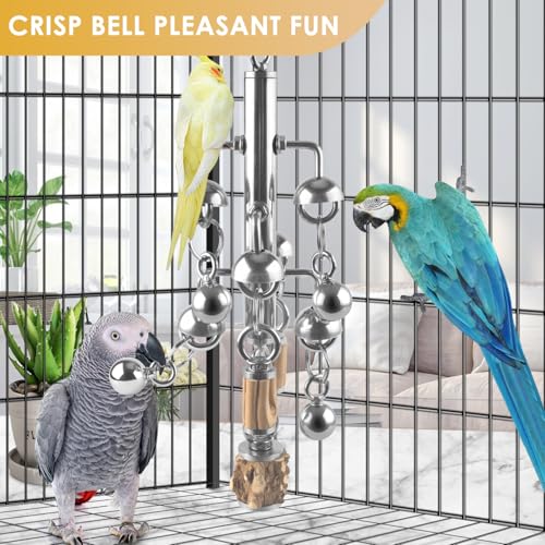 KATUMO Large Bird Toys, Natural Wooden and 304 Stainless Steel Bell Toy for Parrots, 1.46 LB Heavy Birds Cage Toy for Amazon Parrot, African Greys, Budgies, Lovebirds, Cockatiels,Cockatoo - color: Silvery