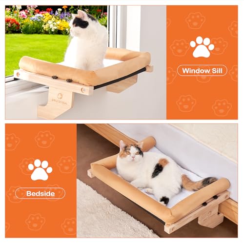 Cat Window Perch + Bonus Toy by Petronaut – Solid Wood, Durable & Easy-Clean, Comfortable Orthopedic Hammock, No Drilling, No Suction Cups, Holds 40 lbs – Window Seat for Large Cats, 21.7"x15"