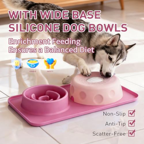 2-in-1 Dog Lick Bowl with Rolling Ball & Slow Feeder Down Slow Eating Speed - color: Pink