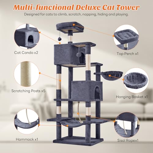DUMOS 66 Inch Large Cat Tree Tower with Scratching Posts, Indoor Use - color: Dark Grey, size: 66.9Inch