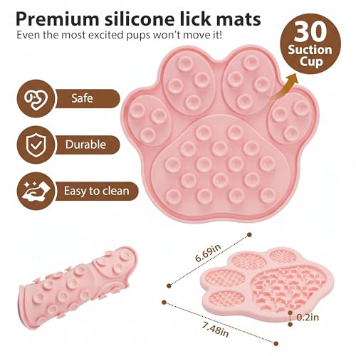 Lick Mat for Dogs & Cats, Slow Feeder Pad with Suction Cups Pink - color: PBW03-Pink-paw