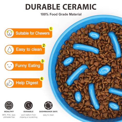 Ceramic Slow Feeder Dog Bowl, 2 Cups Maze Puzzle Dish to Slow Down Eating - color: Maze - Blue