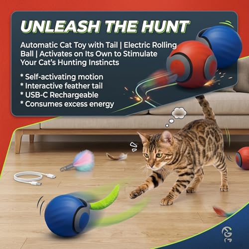 Teazys Cat Toy Turbo Tail 3.0,Interactive Cat Toy Ball, Automatic Cat Toy with Tail, Electric Rolling Ball on Carpet, Cat Enrichment Toys for Small/Medium/Large Cats to Keep Them Busy (Blue) - color: Blue