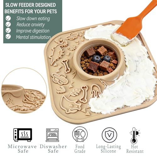 Lick Mat for Dog & Cat, Durable Silicone Licking Mat with Suction Cups, Easy-to-Clean, Chew-Proof, 2-in-1 Slow Feeder Pad Bowl for Dry & Wet Food, Puppy Enrichment Toy for Anxiety Relief, Pet Grooming - color: Khaki