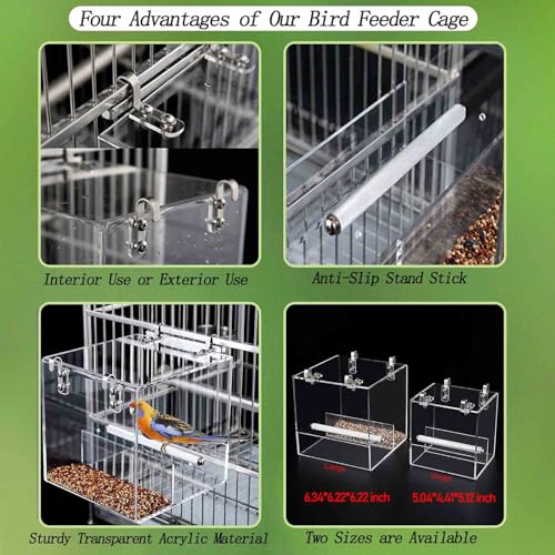 No Mess Bird Feeder for Cage, Automatic Acrylic Bird Feeder Seed Catcher Tray Cage with Stainless Steel Hooks for Small Parrots Canary Parakeet Budgerigar Crested Cockatiel Lovebird (Small) - size: Small