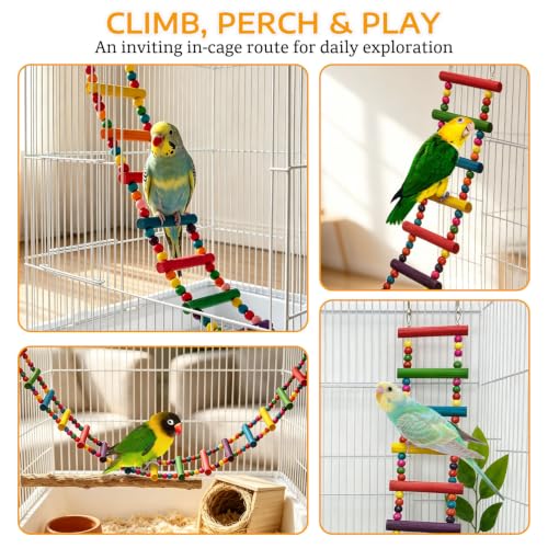 BNOSDM Bird Ladder Bridge Colorful Wooden Parakeet Toys Swing (45.3in) - size: 45in-20Steps-Colorful