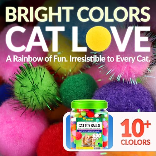 HA SHI 800pc Cat Pom Pom Balls in Jar - 0.4-1.2in Soft Quiet Cat Toys - color: 800pcs