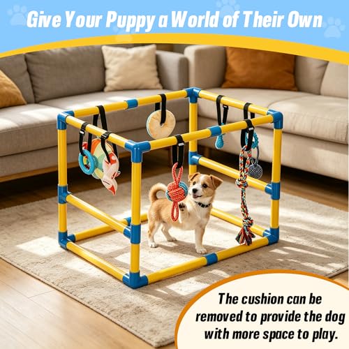 Puppy Play Gym with 8 Hanging Toys - color: Yellow, size: 22.28x16.65x17.71in