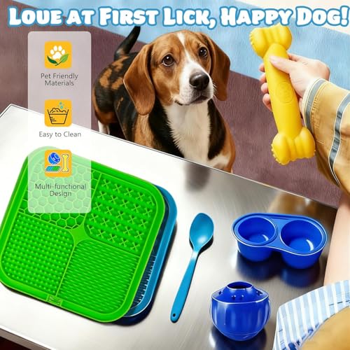 6 Value Pack Enrichment Toys for Dogs Lick Mat, Frozen Bone Power Chew & Frozen Dog Puzzle Toy, Treat Dispensing Slow Feeder Dog Enrichment Toys to Keep Them Busy for Stimulating & Cognitive Toys - color: Blue-Green-Klein-Yellow