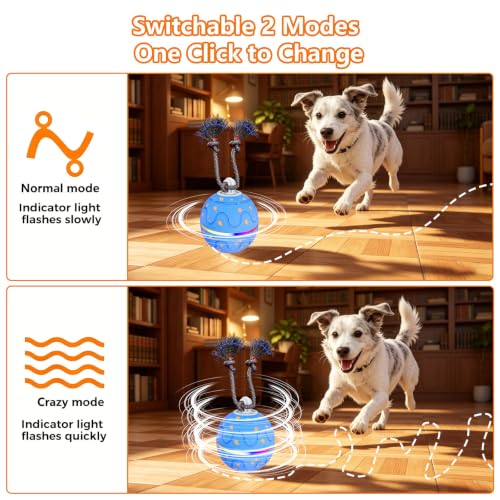 Interactive Dog Ball Toy with 2 Rope, Automatic Rolling & Bouncing Smart Dog Toy with Bird Chirping Sound and LED Light, Soft ETPU Chew-Safe Material, USB Rechargeable, for Medium & Large Dogs