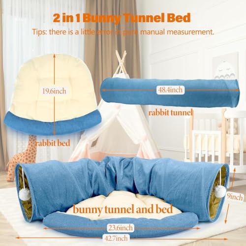 BWOGUE Bunny Tunnel Bed, 2-in-1 Collapsible Rabbit Tunnel Hideout with Mat - color: Blue