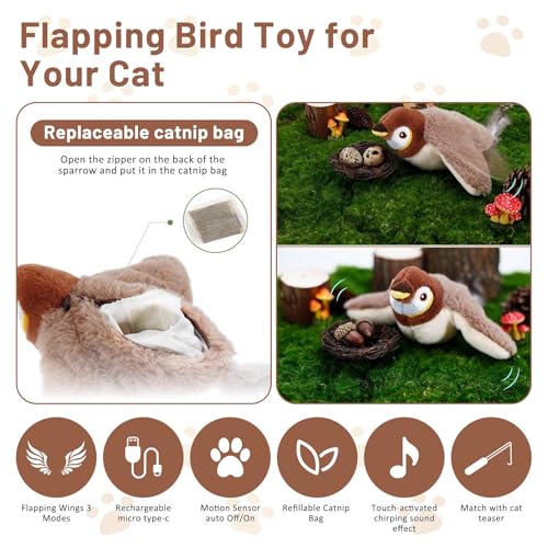 Esoes Flapping Bird Cat Toy, Rechargeable Chirping Catnip Toy, Does Not Fly - color: brown