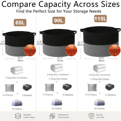 115L Large Blanket Basket,Woven Rope Laundry Basket-Black&Dark Grey - color: Black&Dark Grey, size: 23.6"L x 23.6"W x 15.7"H(115L)