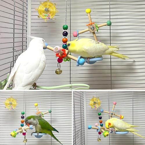2pcs Bird Spinner Toys for Parrots with Bells for Cage, Natural Wood