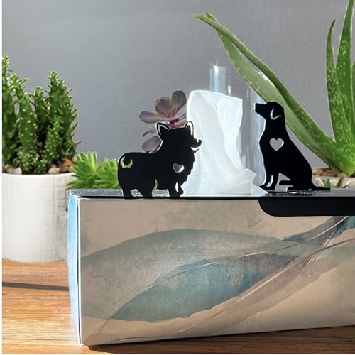 Lily’s Home Playful Dogs with Hearts Cutout, Pet Theme Veterinarian Office Dog Lover Gift Decorative Metal Rectangular Tissue Box Cover, Matte Black, Steel - color: Dogs