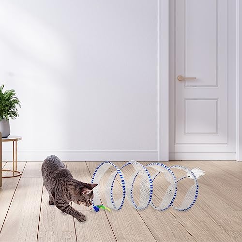 Andiker Cat Tunnel Toy, 10 inch Collapsible Metal Cat Spring Toy with Nylon Mesh, Feather, Mouse, and Bell, Interactive Cat Toys for Indoor Cats to Scratch, Puzzle, Relax and Kill Time (Blue) - color: Blue