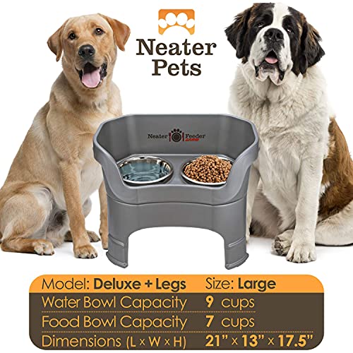 Neater Feeder Deluxe Mess-Proof Elevated Dog Bowls for Large Dogs (40+ lbs), 2 Height Adjustable (14.5” & 17.5”) No-Spill Raised Dog Bowl Stand, Stainless Steel Food Bowl Set, Made in USA, Gunmetal - color: Gunmetal, size: Large + Standard Bowl
